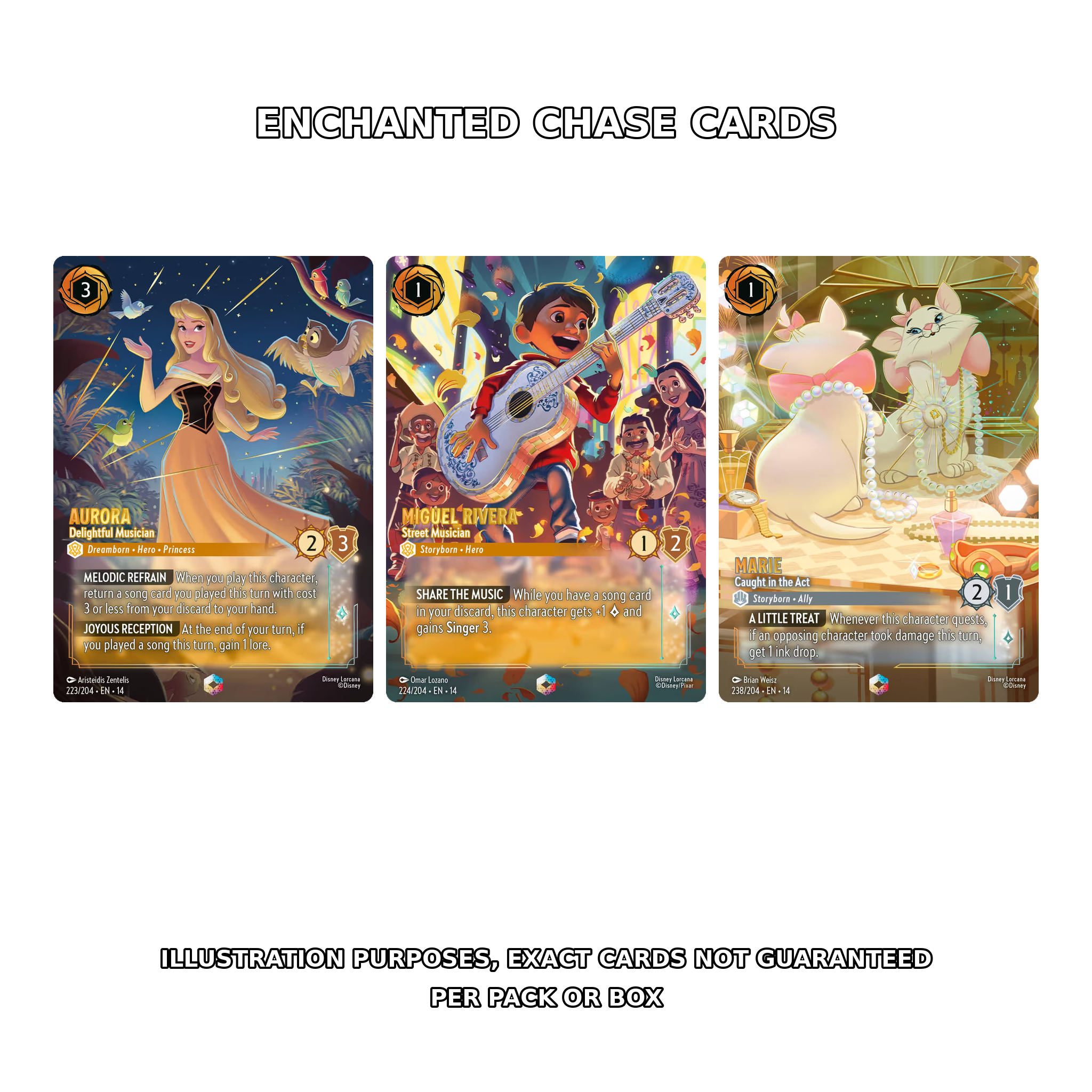 Disney Lorcana Hyperia City English Enchanted card examples; exact cards not guaranteed