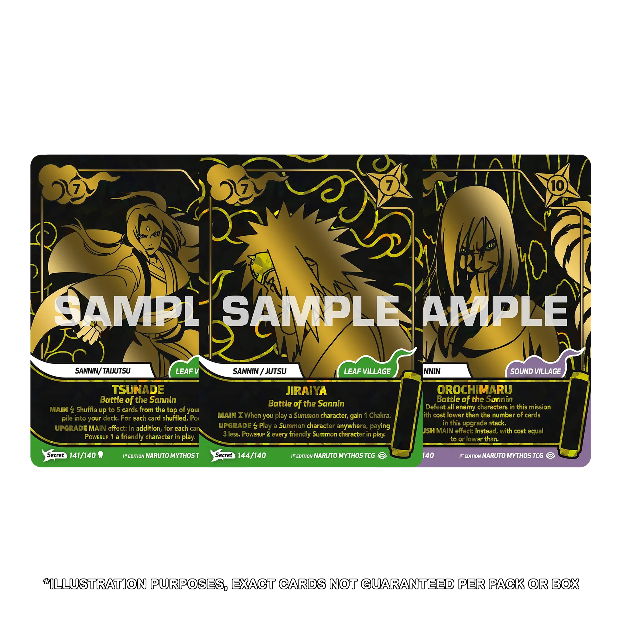 Naruto Mythos TCG Shinobi Shiren Set 2 Secret rare chase cards Tsunade Jiraiya and Orochimaru for illustration purposes