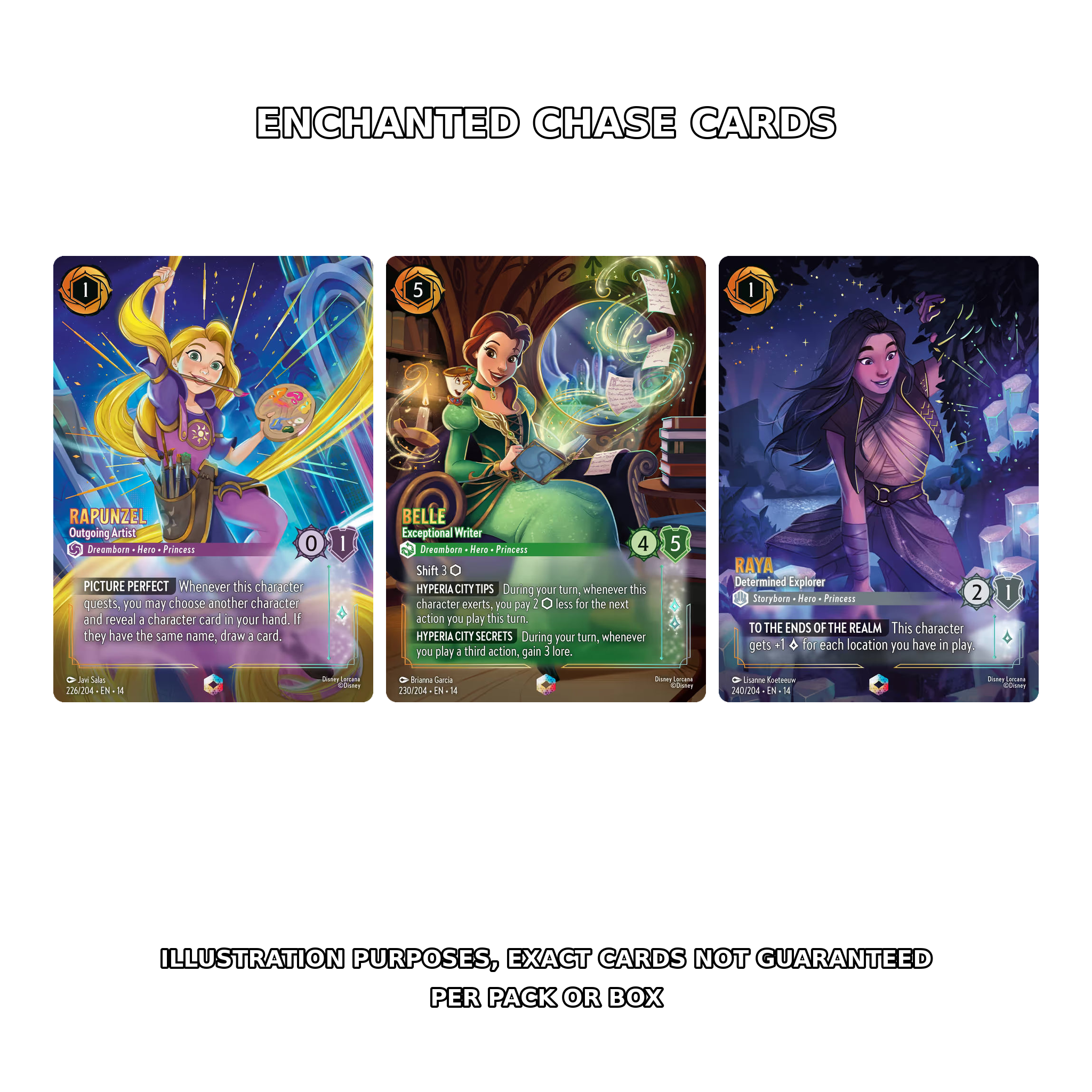 Disney Lorcana Hyperia City English Enchanted card examples; exact cards not guaranteed