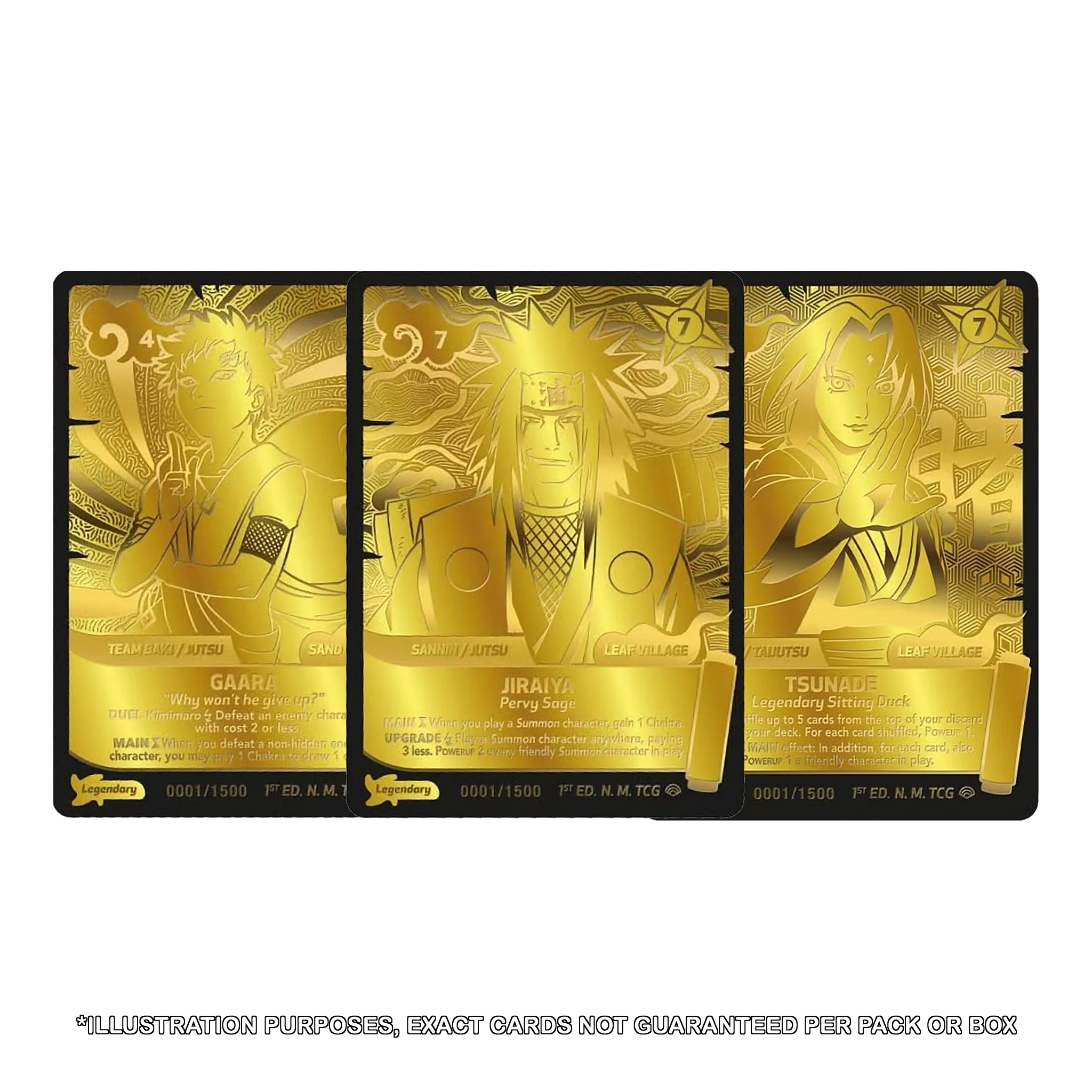 Naruto Mythos TCG Shinobi Shiren Set 2 22K gold chase cards Gaara Jiraiya and Tsunade for illustration purposes