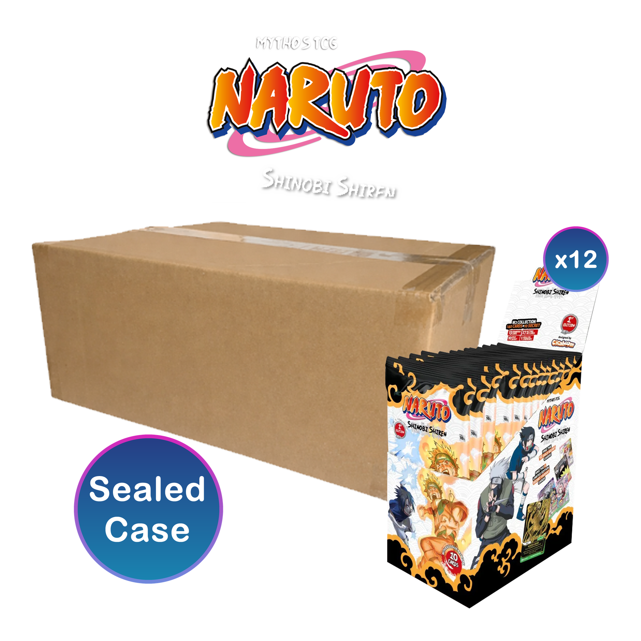 Naruto Mythos TCG Set 2 Shinobi Shiren 1st Edition sealed booster case containing 12 booster boxes