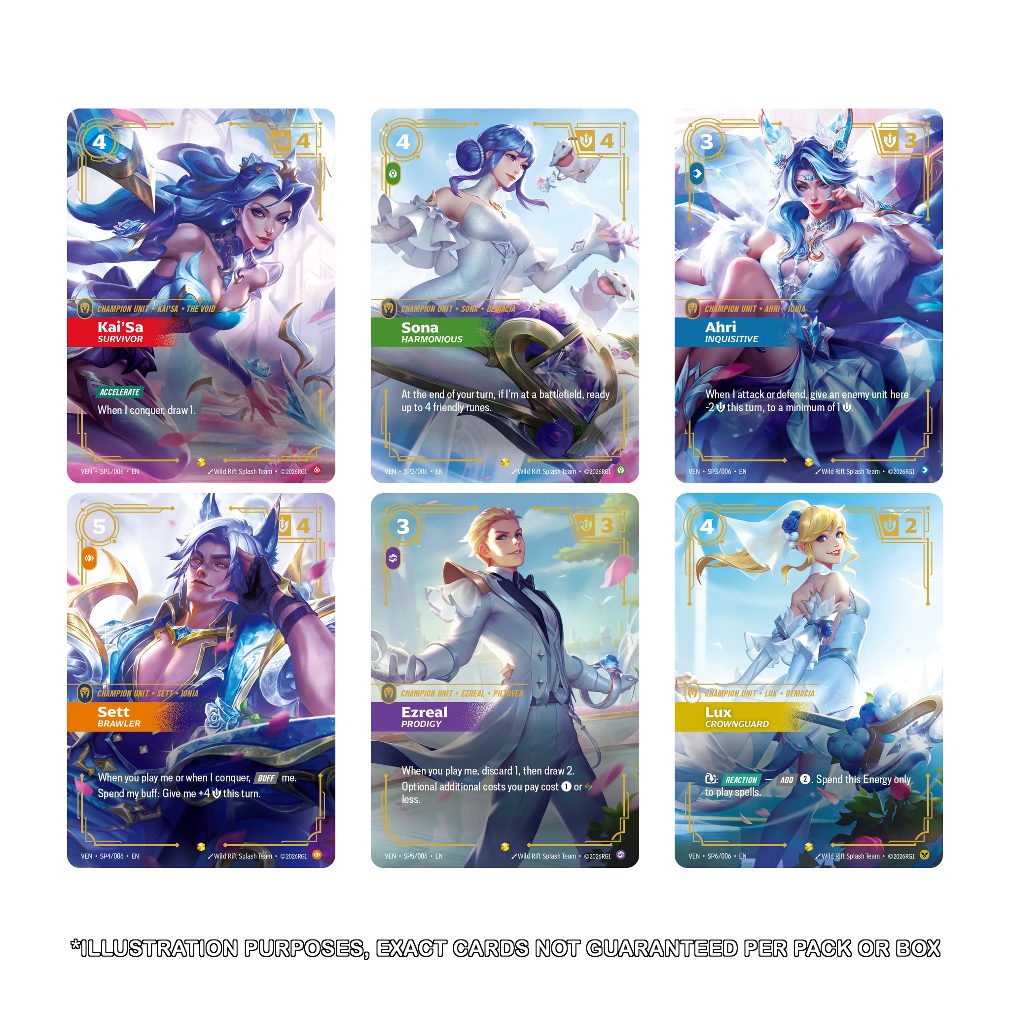 Riftbound Vendetta Crystal Rose SP chase cards featuring Kai'Sa, Sona, Ahri, Sett, Ezreal and Lux