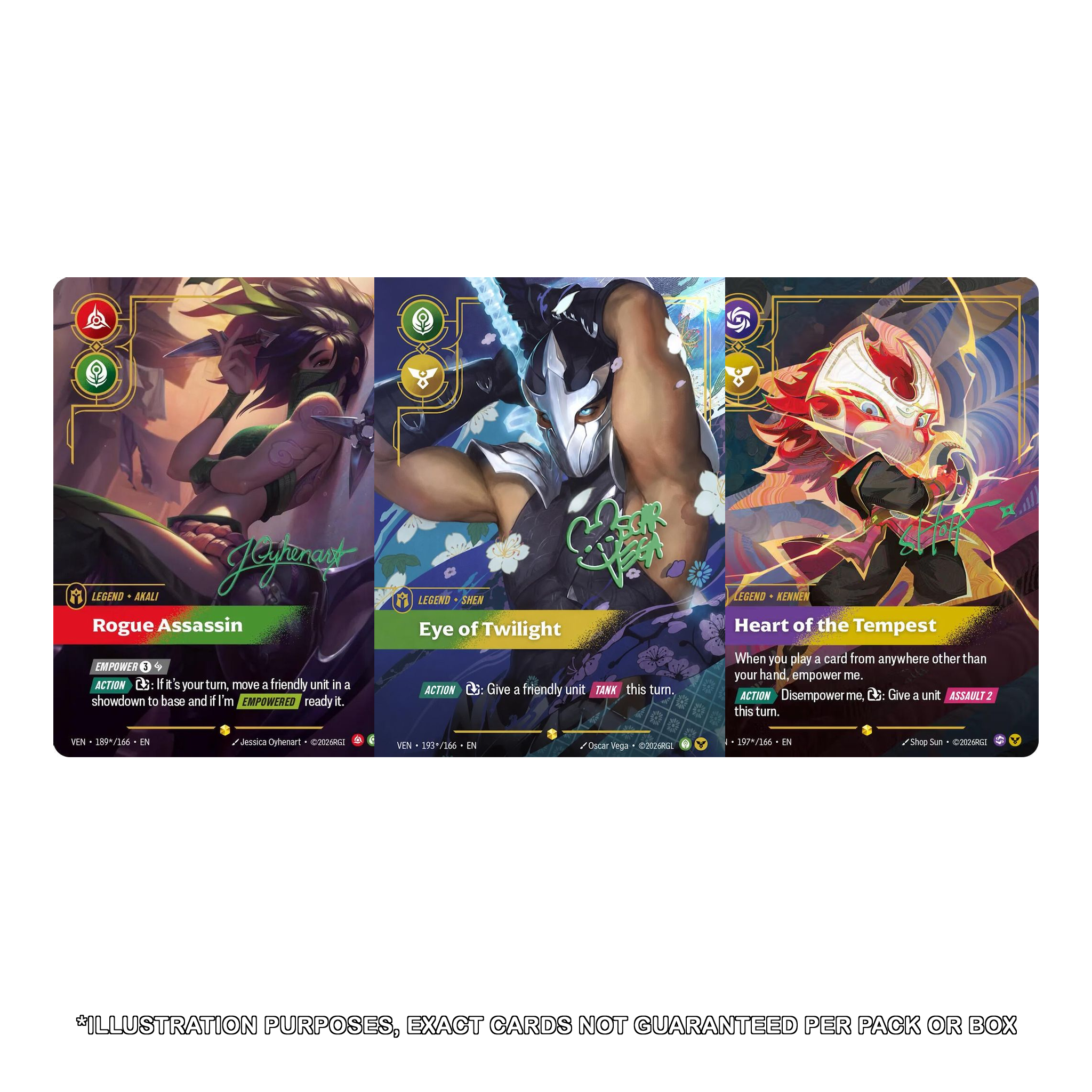 Riftbound Vendetta Signature Overnumber chase cards featuring Akali, Shen and Kennen